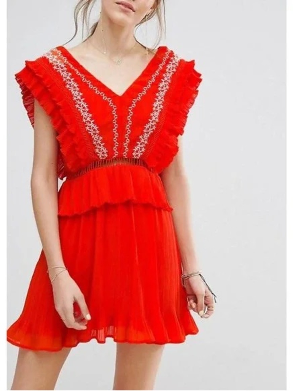 Moon River Red V-Neck Ruffled Mini Dress